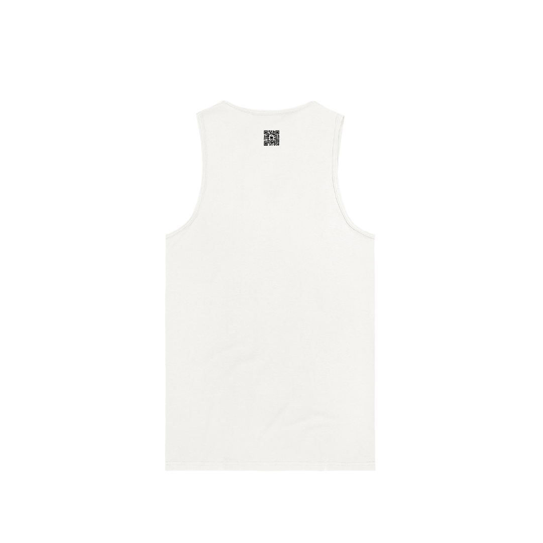 Rear view of a white tank top with a small zdropped black QR code on the back on a white background