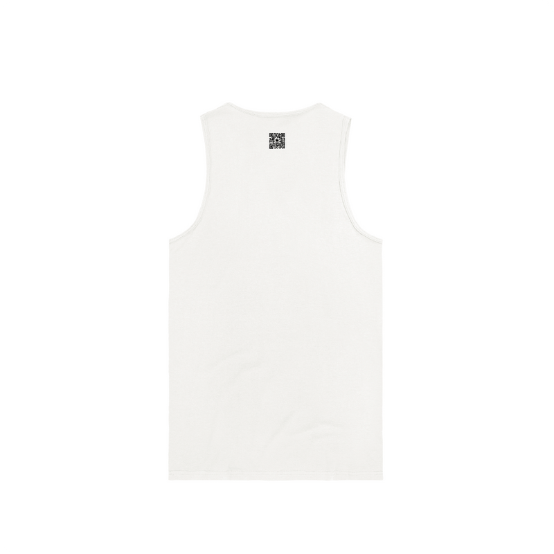 Rear view of a white tank top with a small zdropped black QR code on the back on a white background