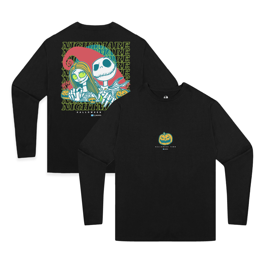 Front and back view of a black long-sleeve shirt with cartoon skeletons and neon green 'Nightmare' text with a. pumpkin on the front.