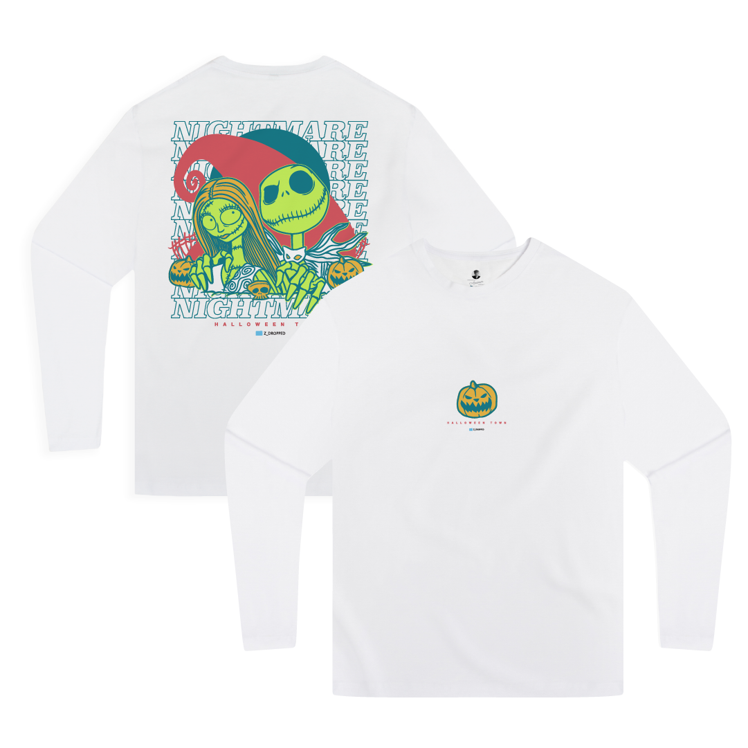 Front and back view of a white long-sleeve shirt with cartoon skeletons and neon blue 'Nightmare' text with a. pumpkin on the front.