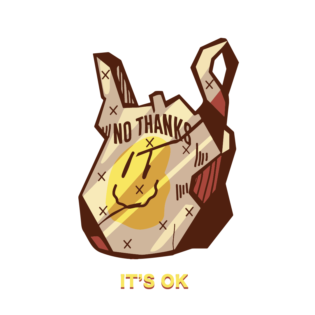 Image of a paper bag that says no thanks and yellow smiley face