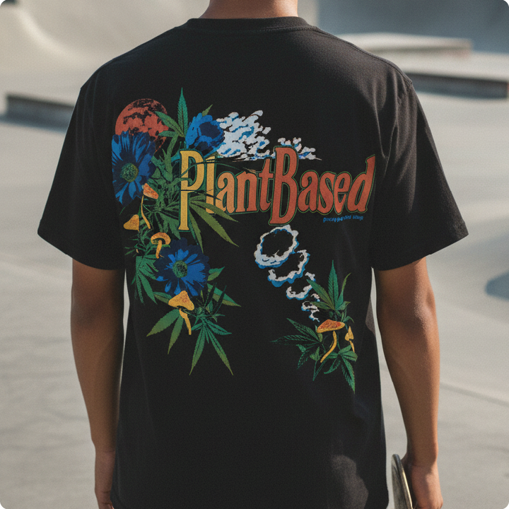 Rear view of a young man wearing a black Plant Based t-shirt at an outdoor skatepark.