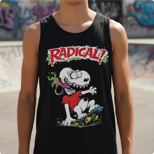 Person wearing a black tank top with a snoopy fink graphic design of a dog and 'RADICAL!' text.