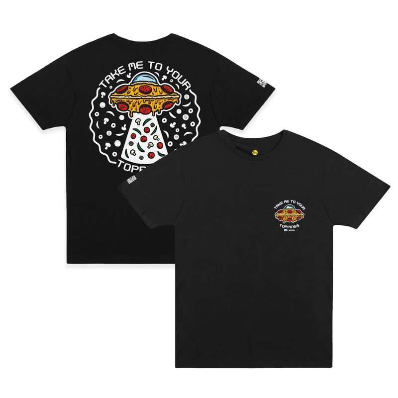 Front and rear view of a black Tee with a pizzabduction pizza UFO abducting toppings and “Take Me To Your Toppings” text on a white background.