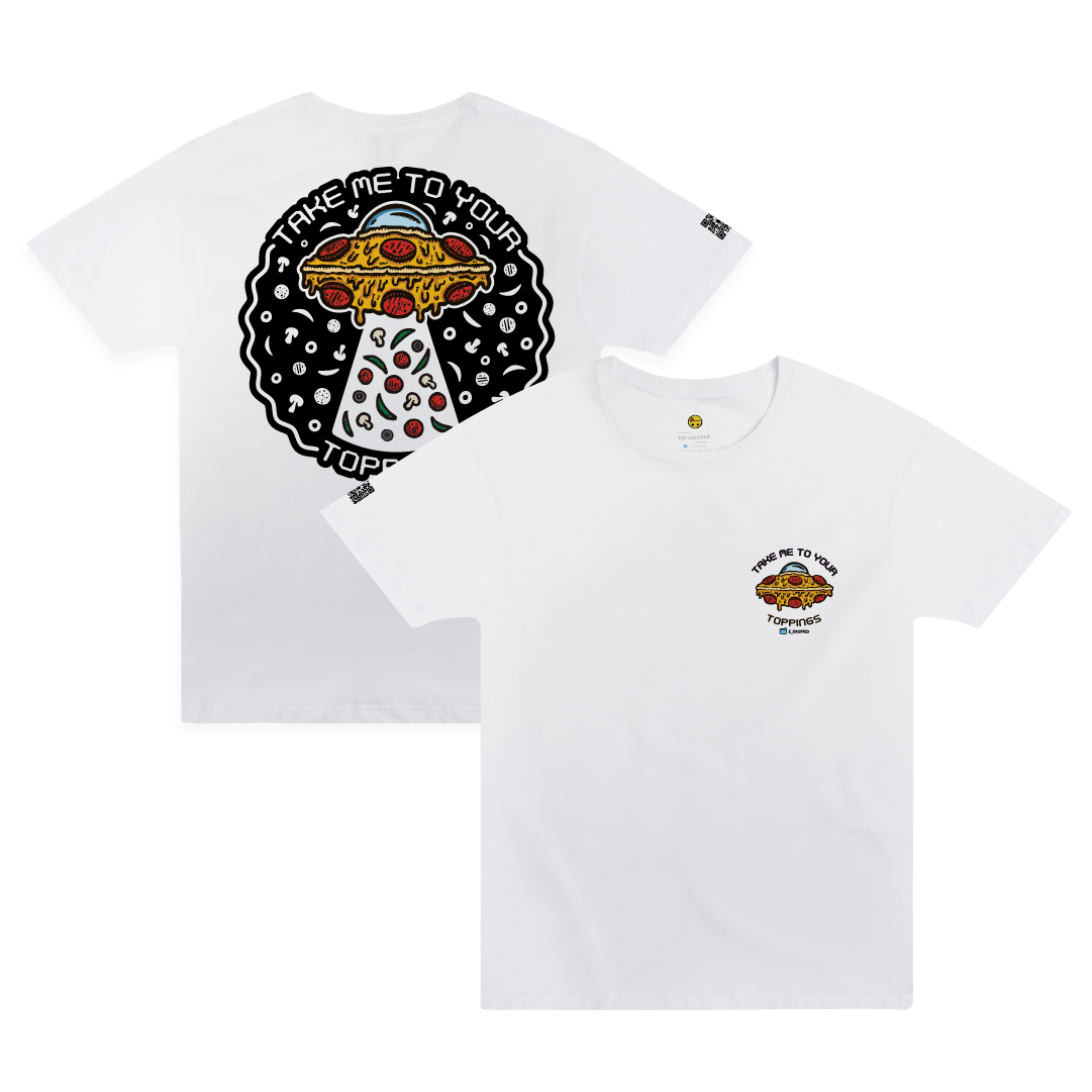 Front and rear view of a white Tee with a pizzabduction pizza UFO abducting toppings and “Take Me To Your Toppings” text on a white background.