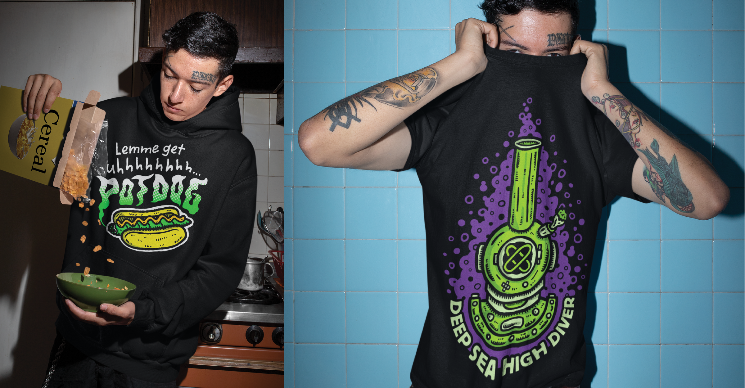 Hero image of a young man wearing a Black Pot Dog Hoodie pouring cereal and a black zdropped Scubong t shirt designed by Ted Cocuzza