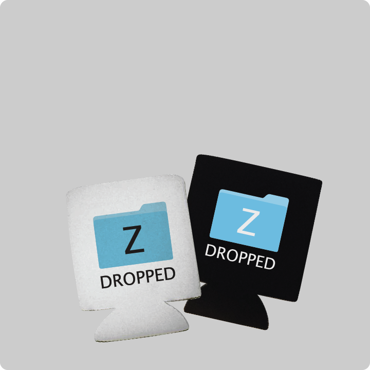 flat lay image of a black and white zdropped koozie, free gift with purchase