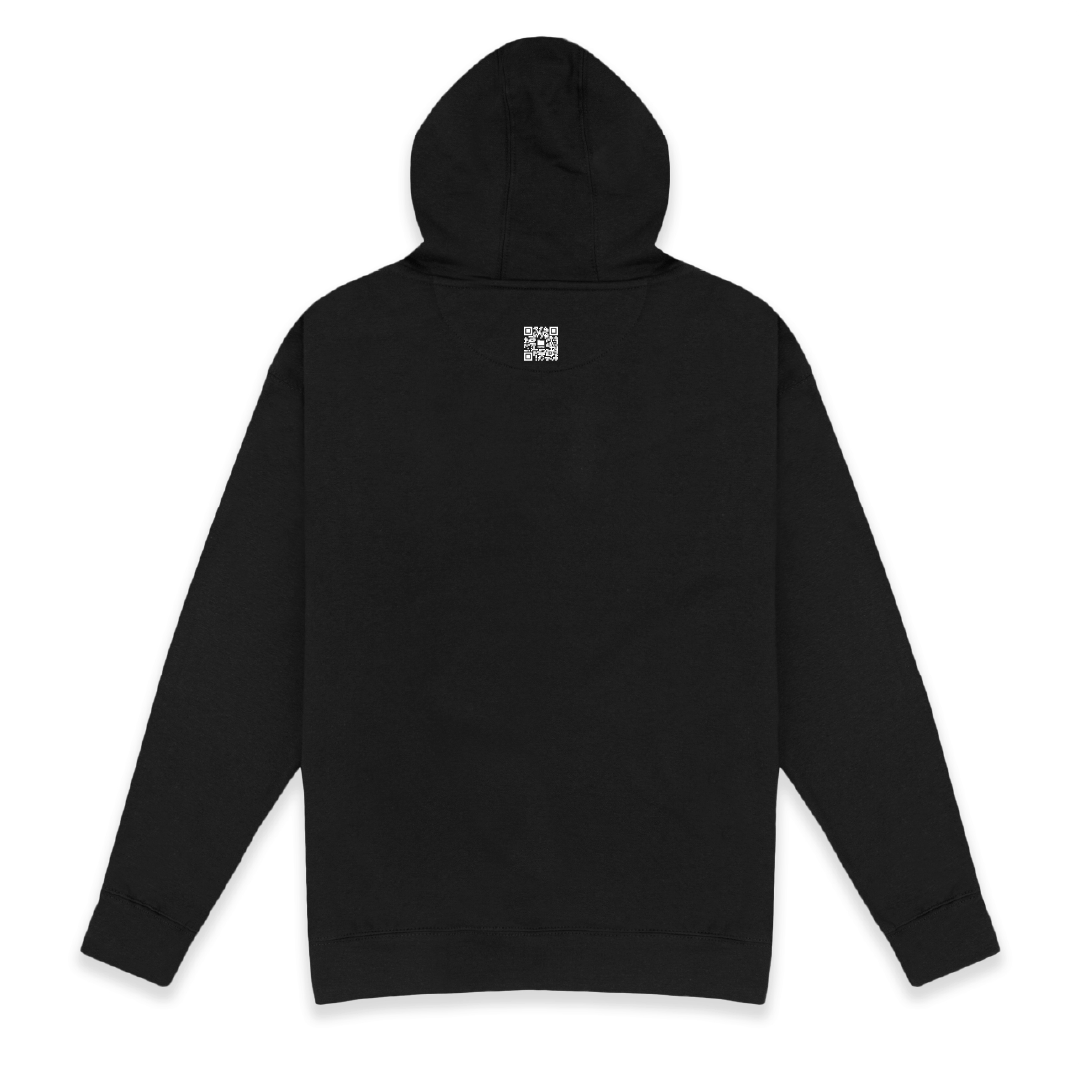 Rear view of a black hoodie with a small white QR logo on the back against a White background