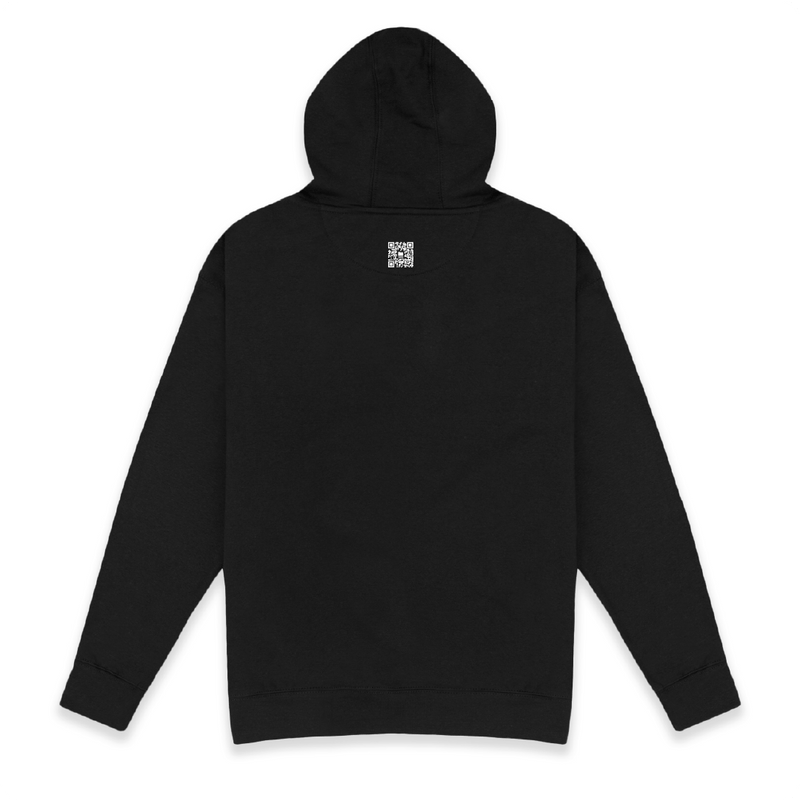Rear view of a black hoodie with a small white QR logo on the back against a White background