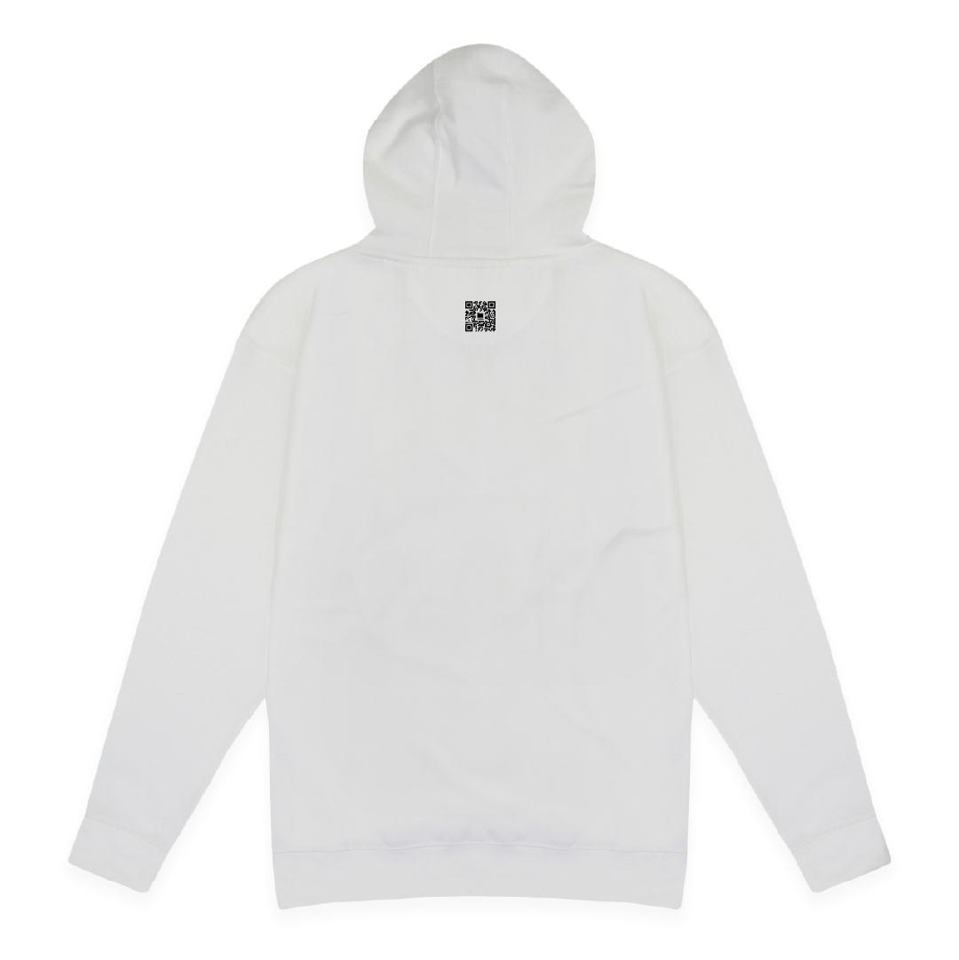 Rear view of a unisex white hoodie with a black QR code on a white background