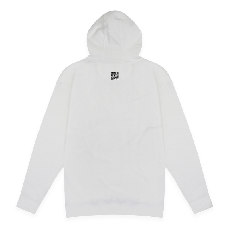Rear view of a unisex white hoodie with a black QR code on a white background