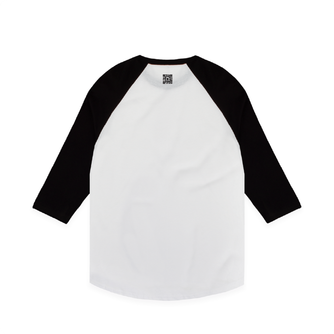 Rear view of a white unisex raglan baseball shirt with black sleeves and a small black zdropped QR code on the neck. 