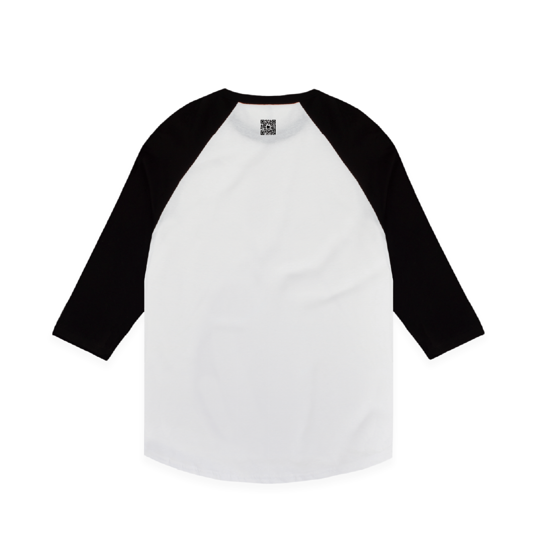 Rear view of a white unisex raglan baseball shirt with black sleeves and a small black zdropped QR code on the neck. 