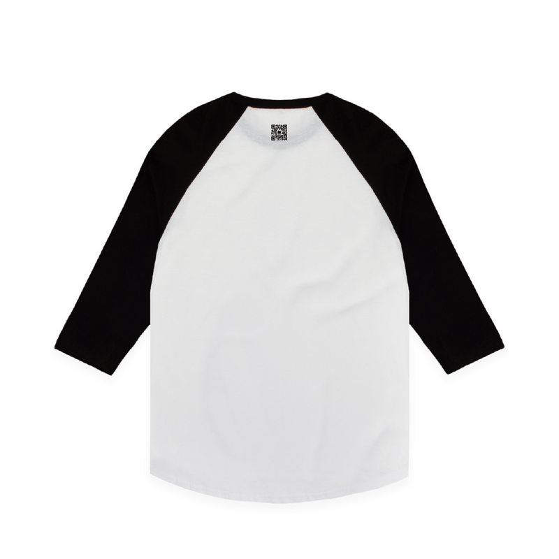 Rear view of a white unisex raglan baseball shirt with black sleeves and a small black zdropped QR code on the neck. 