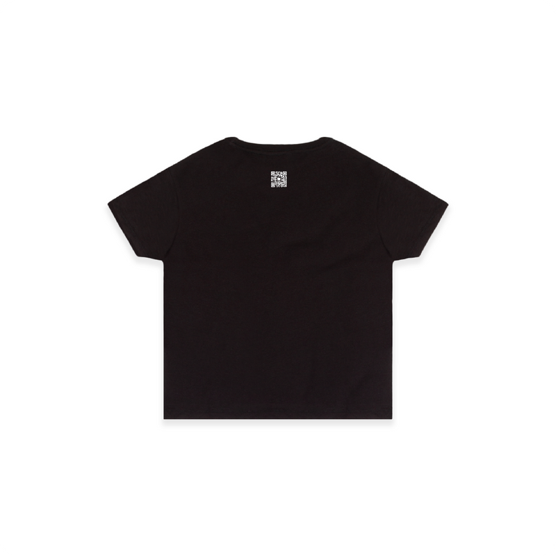 Rear view of a black high waisted tee with a small white zdropped QR code printed on the back on a white back ground.