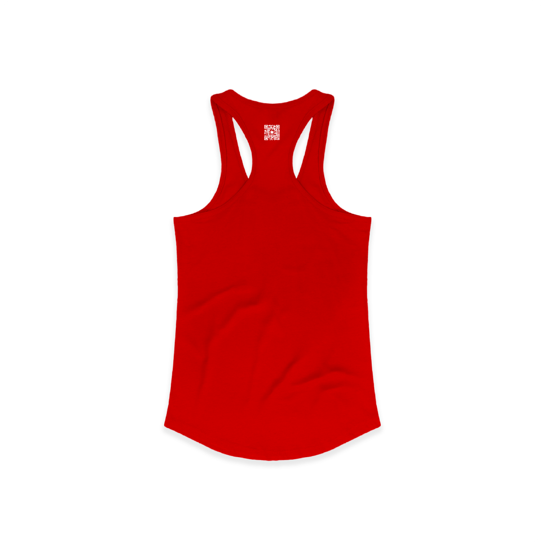 Rear view of a womens red racerback tank top with a white zdropped QR code on a white background