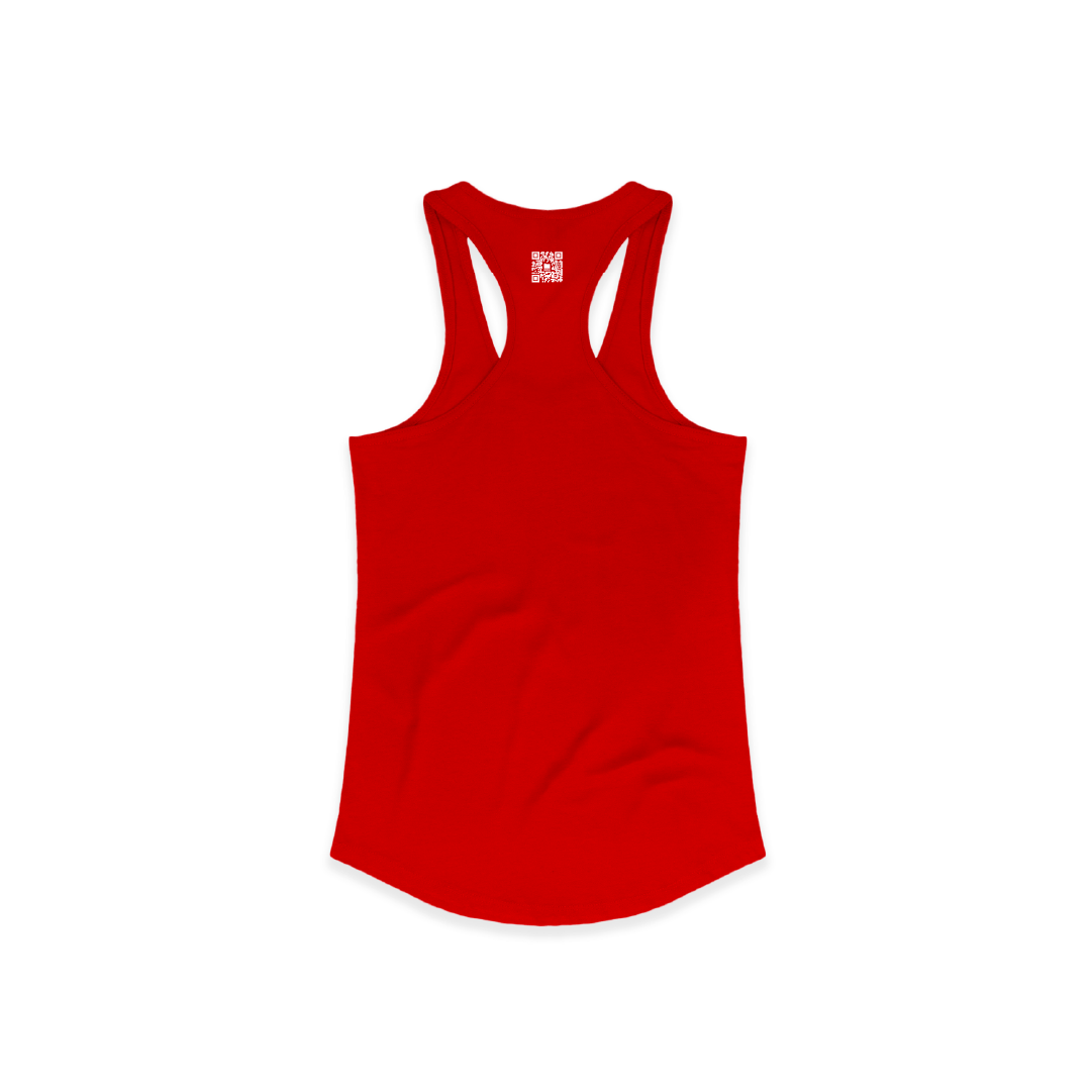 Rear view of a womens red racerback tank top with a white zdropped QR code on a white background