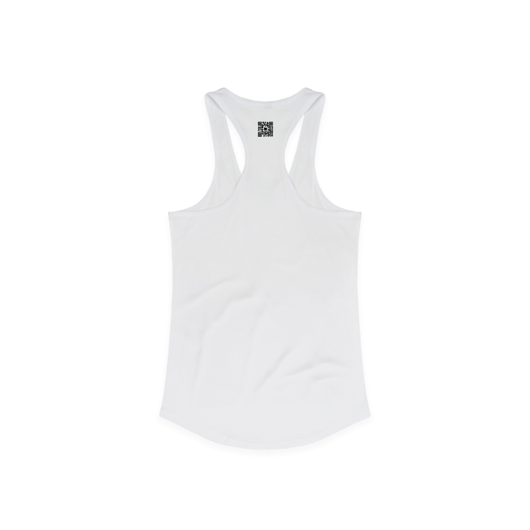 Rear view of a women's white racer back tank top with a small black zdropped QR code printed on the back against a white background
