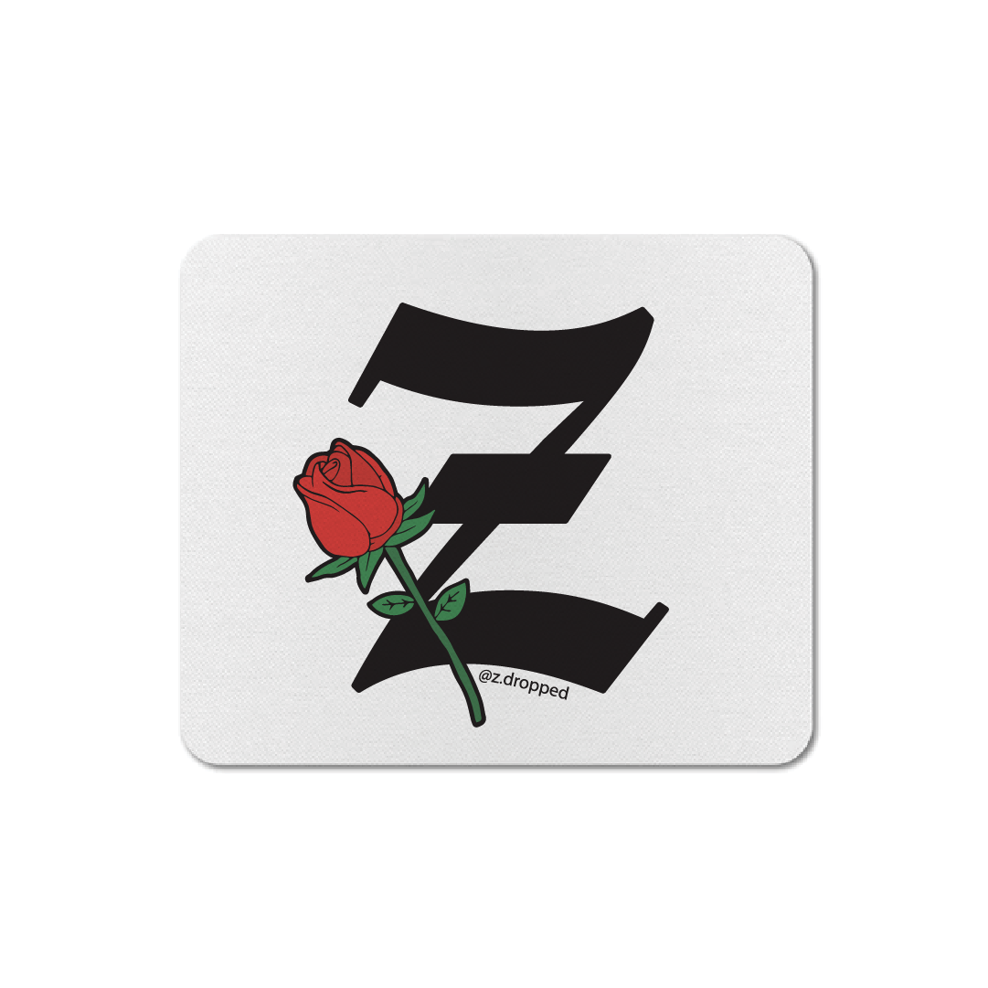 Horizontal white mousepad with a red rose and black 'Z' symbol on a white background, featuring the text 'Z_DROPPED'.