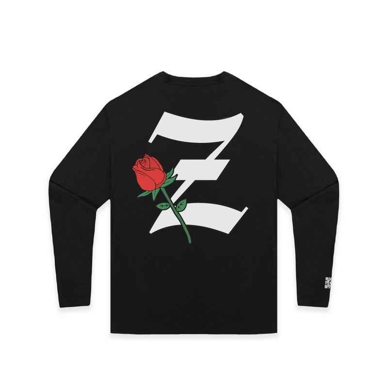 Black long-sleeve shirt with a red rose and white Z design on the back, on a white background.