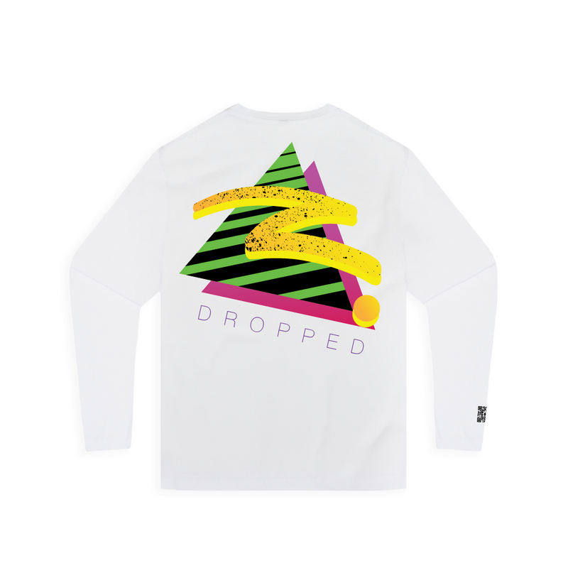 White long sleeve shirt with colorful geometric design and 'DROPPED' text on a white background