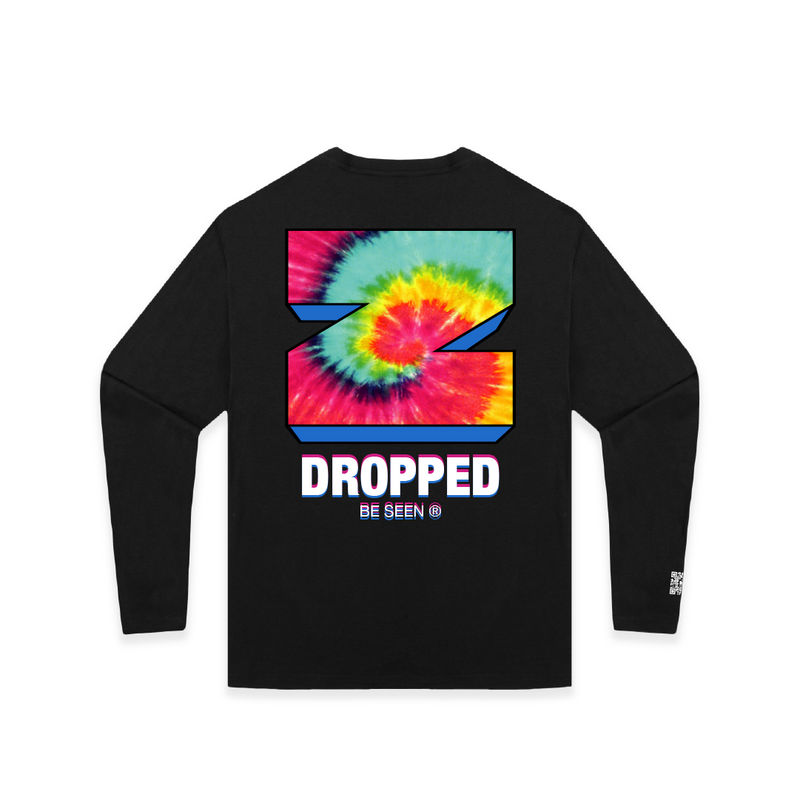 Black long-sleeve shirt with tie-dye design and 'Dropped Be Seen' text on a white background