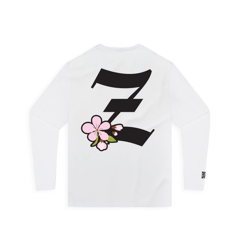 Rear view of a unisex white long-sleeve shirt with a large black 'Z' logo and pink cherry blossom on a white background.