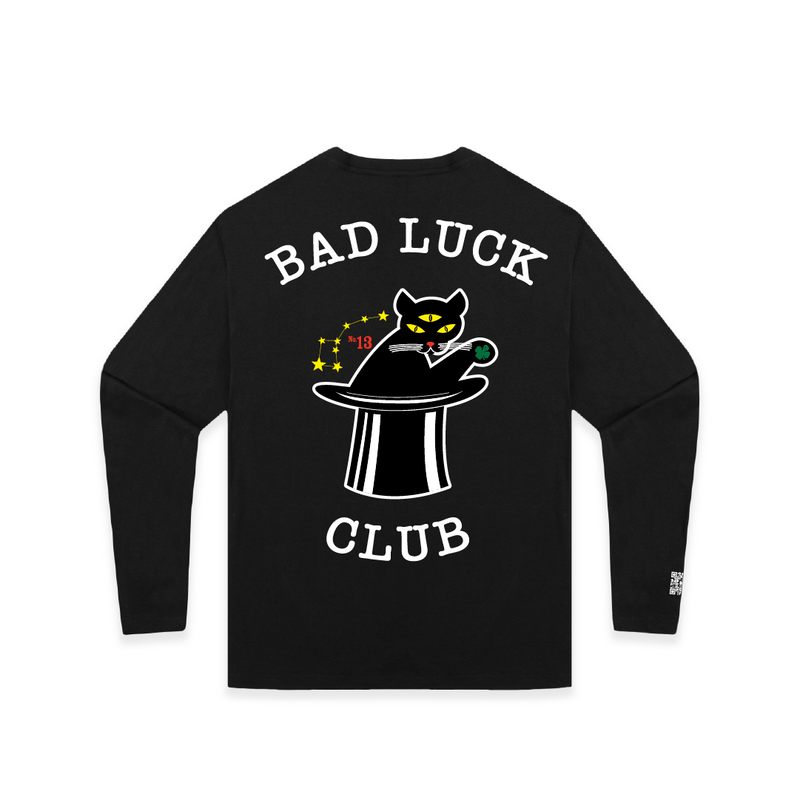 Rear view of a black unisex long sleeve shirt with 'BAD LUCK CLUB' text and a three eye cat in a top hat printed on the back.