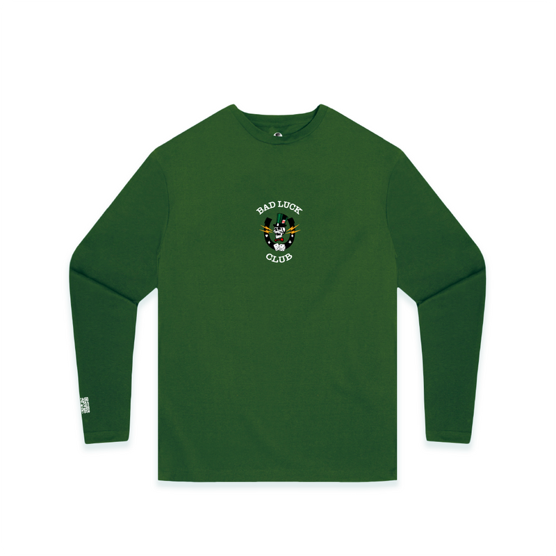 Front view of a unisex long sleeve green shirt with white 'BAD LUCK CLUB' text and a graphic including a skull, dice, and lightning bolts on a white background.