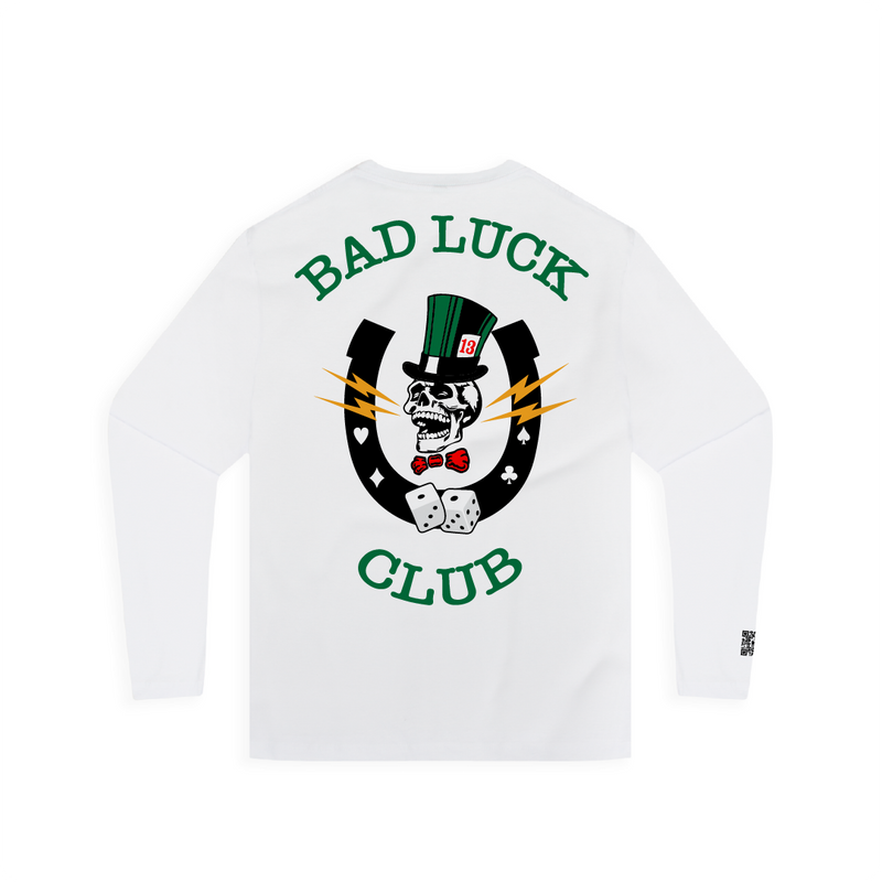 Rear view of a unisex long sleeve white shirt with green 'BAD LUCK CLUB' text and a graphic including a skull, dice, and lightning bolts on a white background.