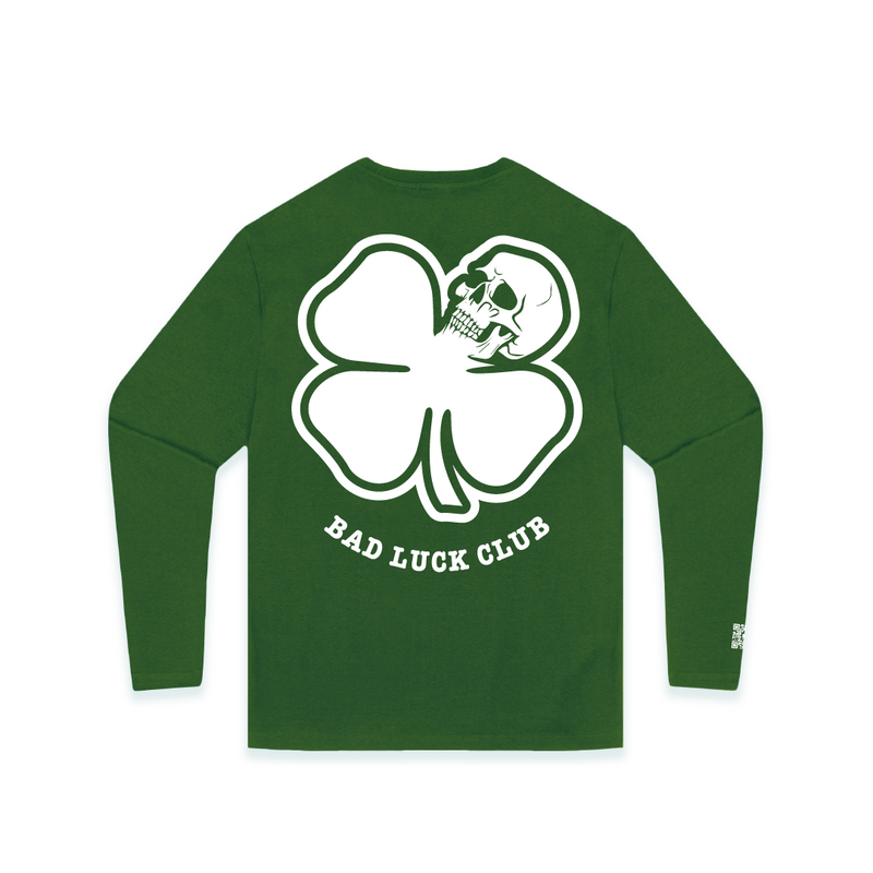 Rear view of a unisex long sleeve green shirt with a large white skull clover and white 'Bad Luck Club' text.