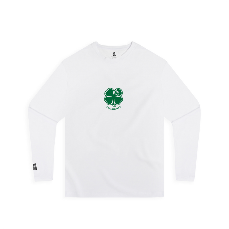 Front view of a unisex long sleeve white shirt with a small green skull clover and green 'Bad Luck Club' text centered on the chest.