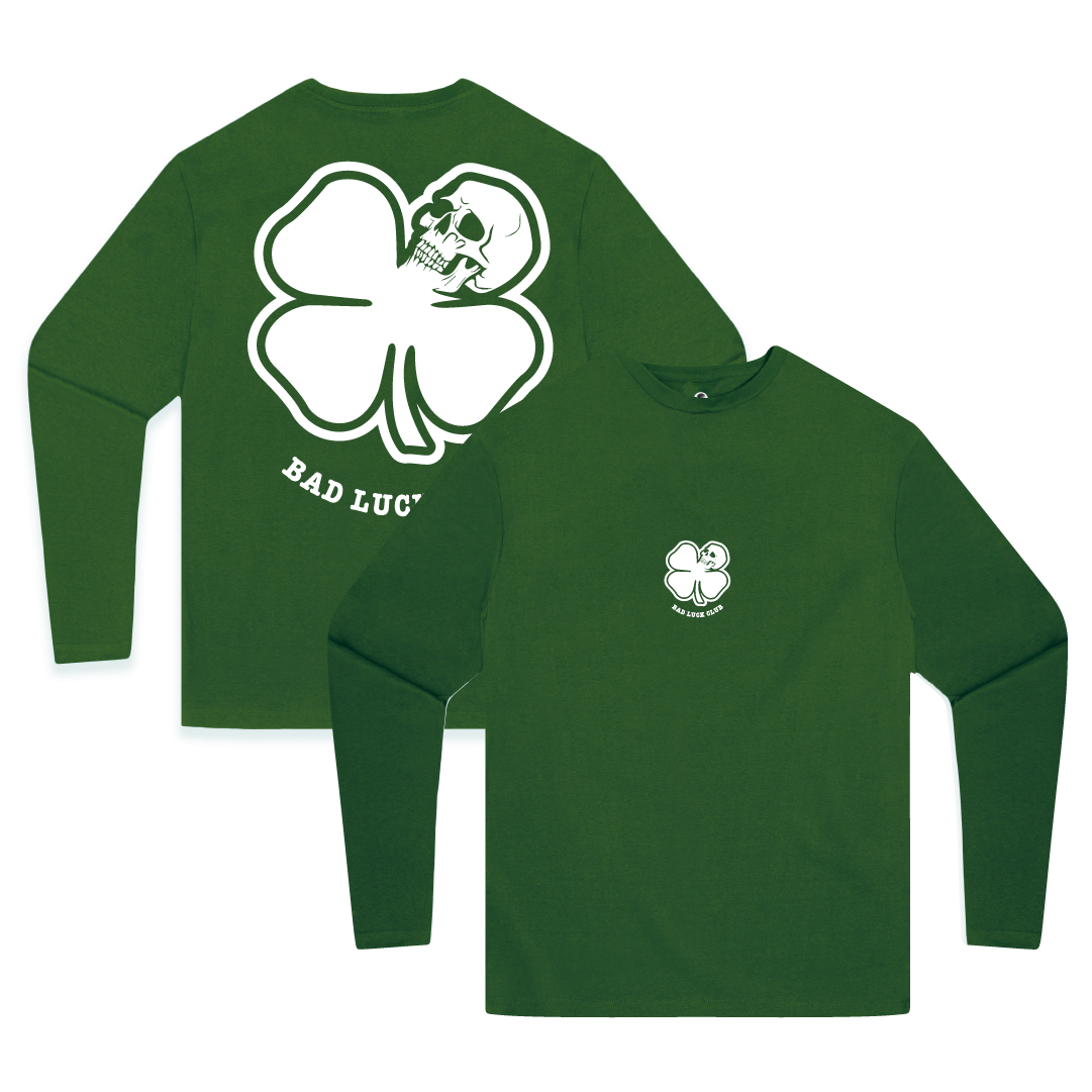 Front and rear view of a green unisex long sleeve shirt with a large white skull clover and white 'Bad Luck Club' text.