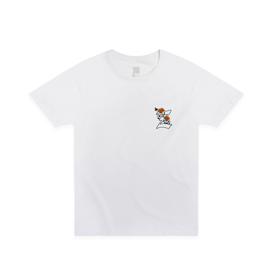 Front view of a white t-shirt with California poppy and 'Z' design on the chest on a white background