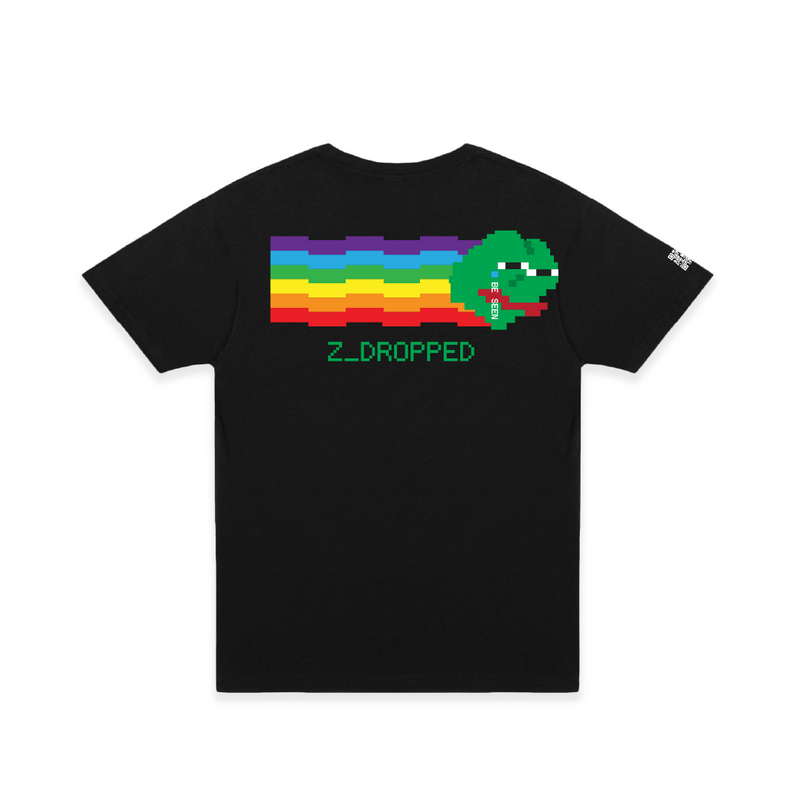 Rear view of a unisex black t-shirt with a colorful 8 bit pepe green frog meme graphic rainbow and text on a white background