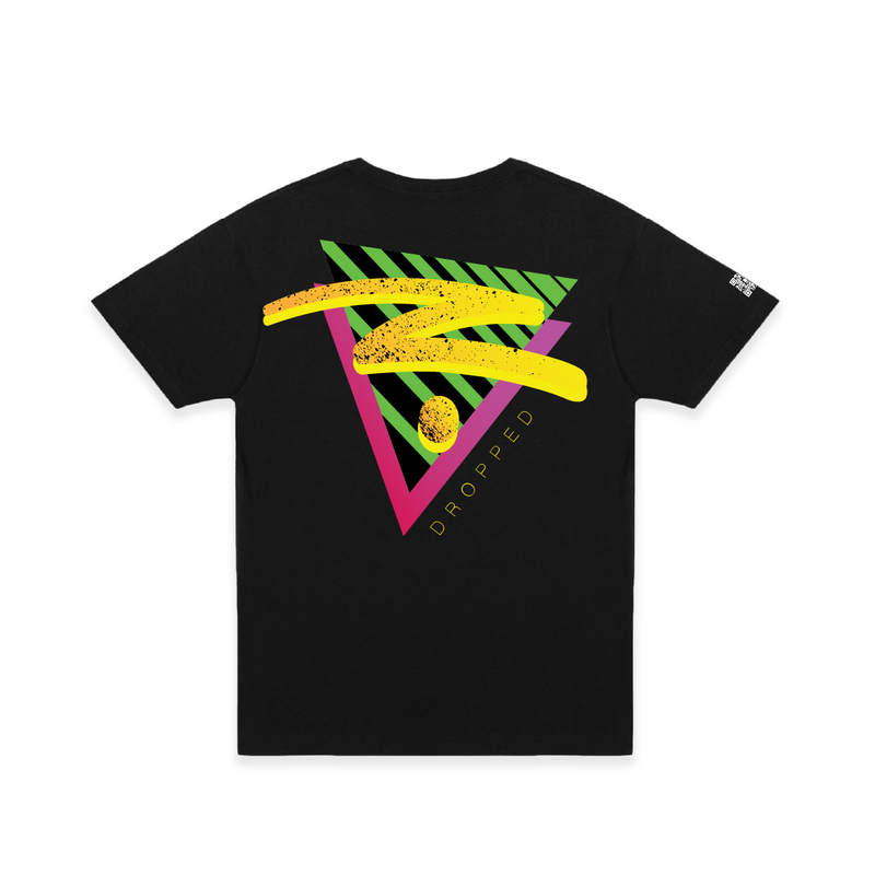 Rear view of a black t-shirt with a large 90s inspired geometric colorful logo on a white background