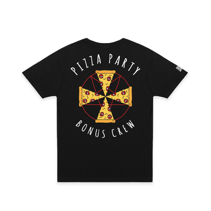 Rear view of a unisex black t-shirt with a large pizza cult pentagram graphic and 'pizza party bonus crew' text on a white background