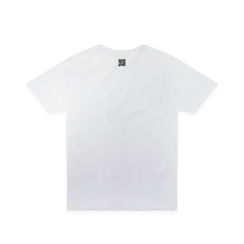 Rear view of a white t-shirt with a small black zdropped QR code on a white background 
