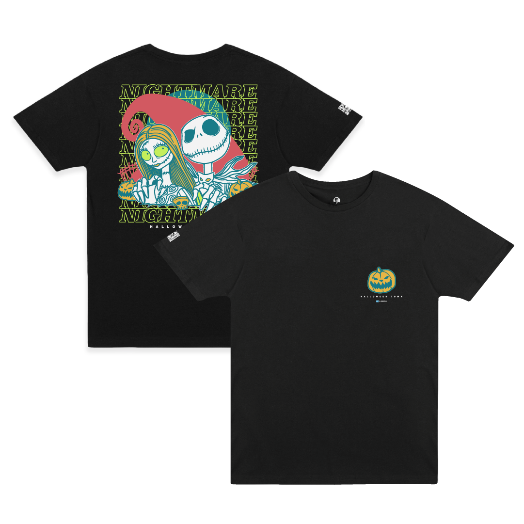 Front and rear view of a black shirt with two cartoon skeletons and 'Nightmare' text on the back with a pumpkin on the front.