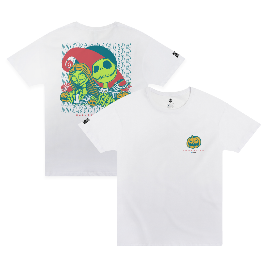 Front and rear view of a white shirt with two cartoon skeletons and 'Nightmare' text on the back with a pumpkin on the front.