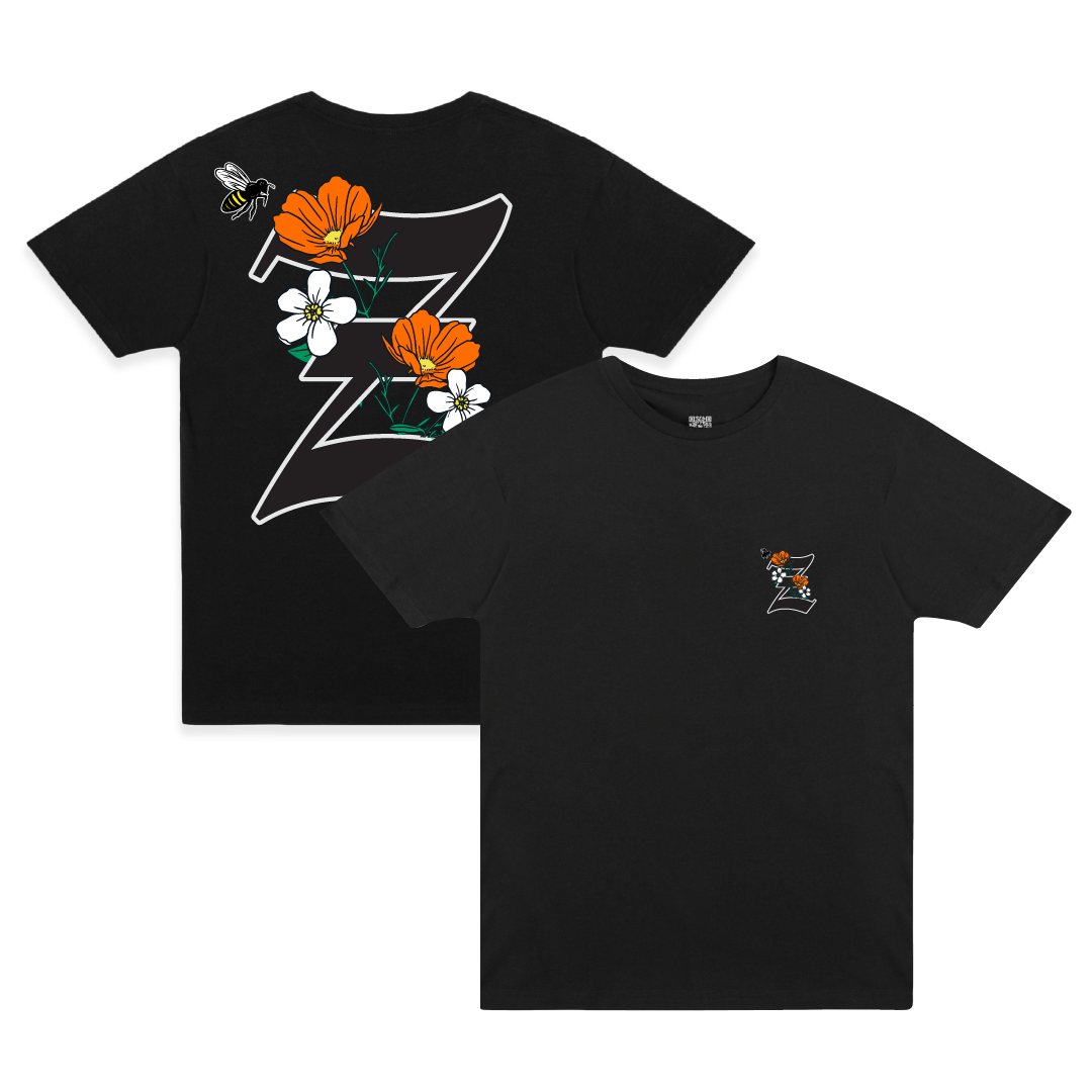 Front and back view of a black t-shirt with California poppy and 'Z' design on a white background