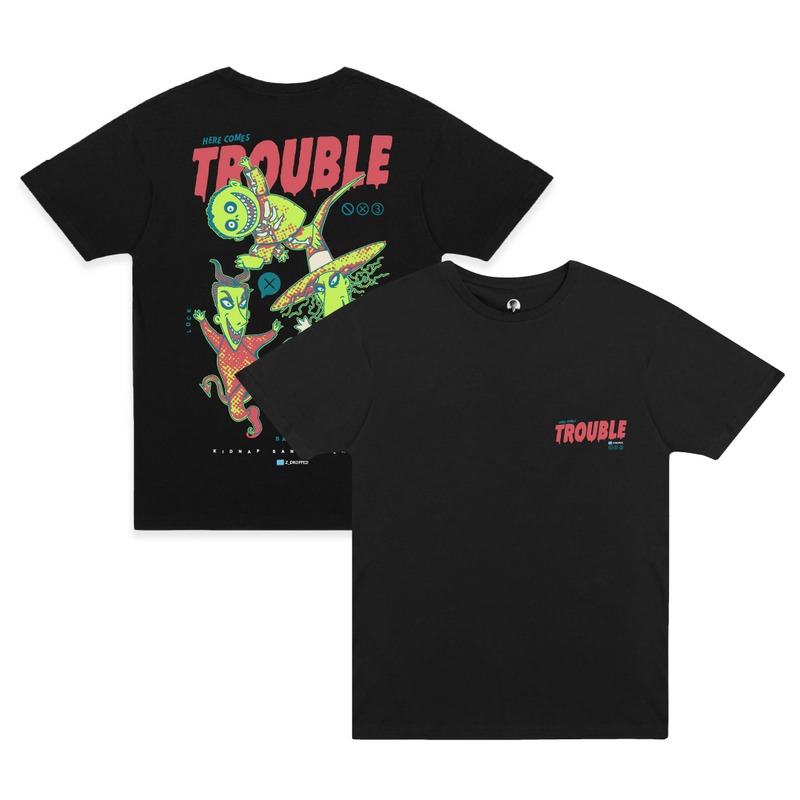 Front and back view of a black t-shirt with 'Here Comes Trouble' and halloween characters on the back.