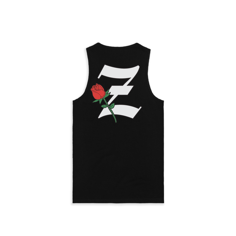 Rear view of a unisex black tank top with a large white 'Z' logo and red rose flower on a white background