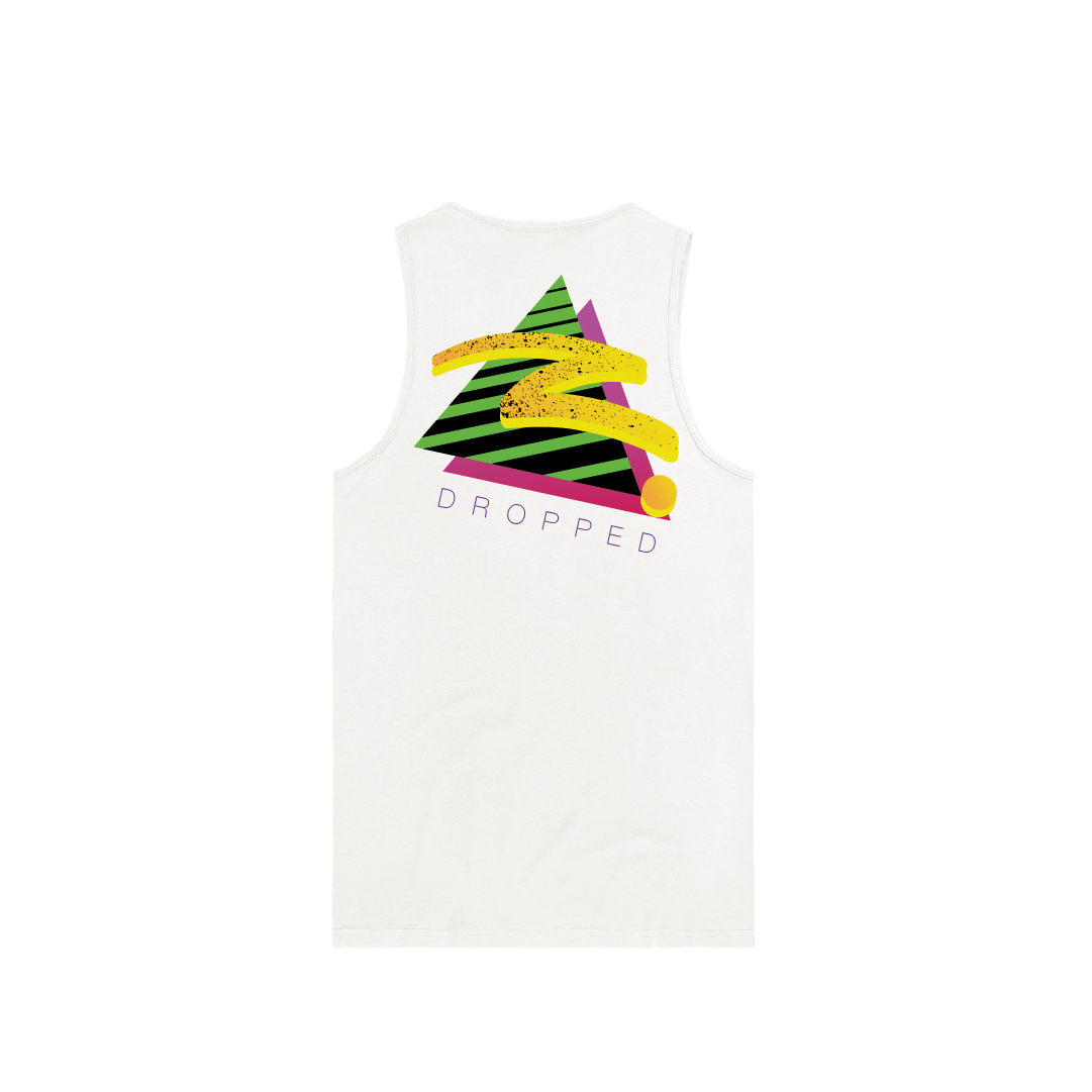 Rear view of a mens white tank top with 90s inspired colorful geometric design on a white background