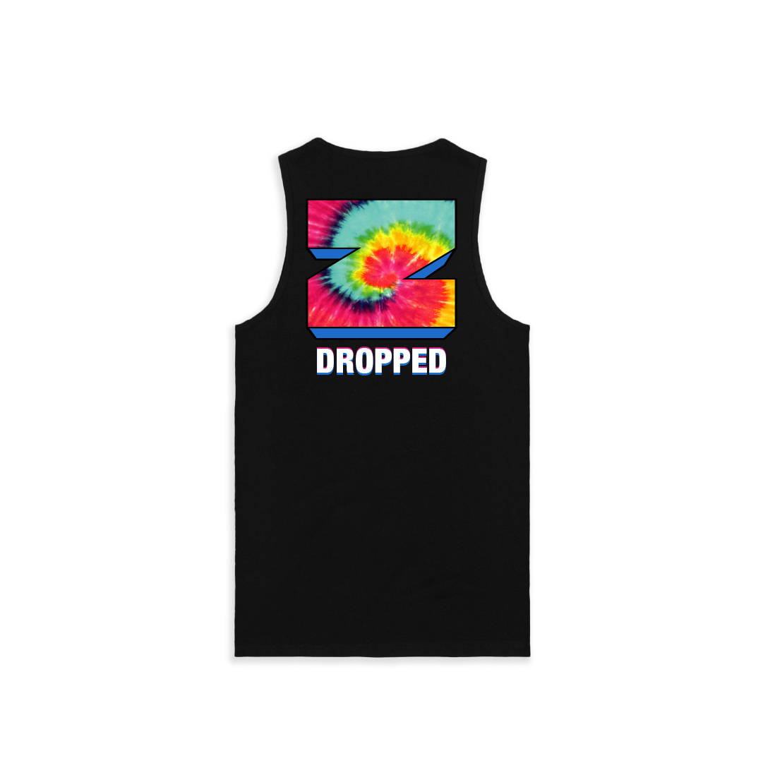 Rear view of a mens black tank top with a tie-dye Z design and 'DROPPED' text on a white background