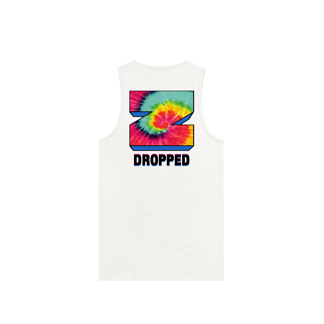 Rear view of a mens white tank top with a tie-dye Z design and 'DROPPED' text on a white background