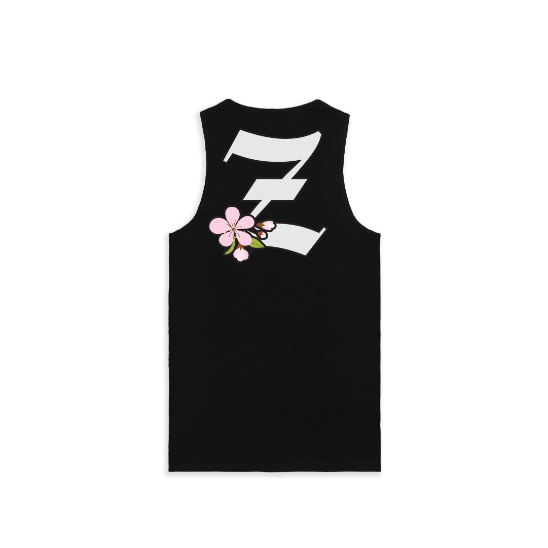 Rear view of a black unisex tank top with a large white 'Z' logo and pink cherry blossom flower on a white background.