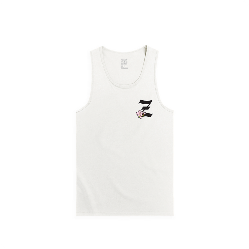 Front view of a white unisex tank top with a small black 'Z' logo and pink cherry blossom flower on a white background.