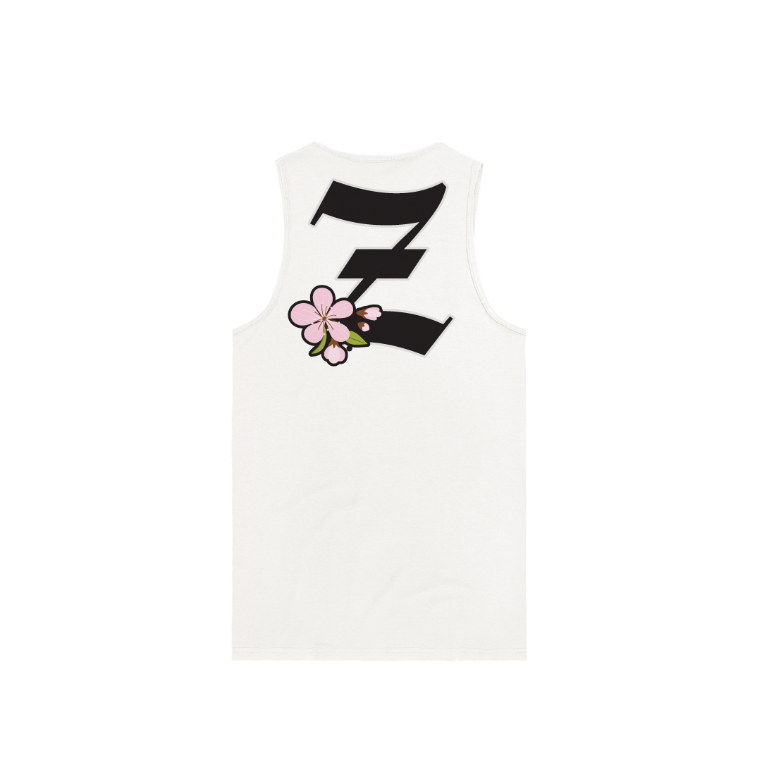 Rear view of a white unisex tank top with a large black 'Z' logo and pink cherry blossom flower on a white background.