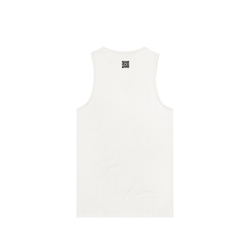 Rear view of a white tank top with a small zdropped black QR code on the back on a white a white background